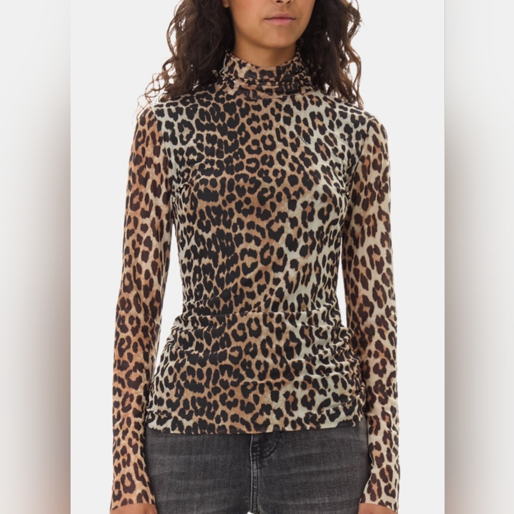 GANNI Leopard Mesh Long Sleeve Rollneck- 44
